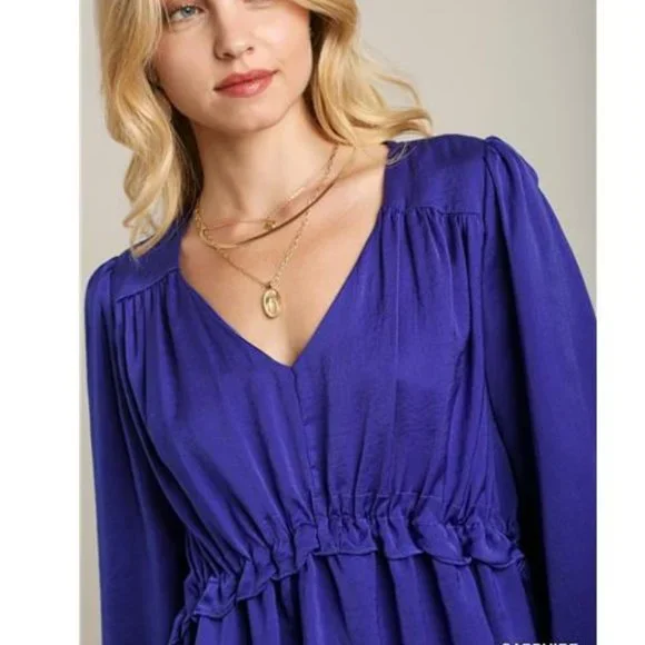NWT Satin V-Neck Ruffle Baby Doll Top, Cuffed Sleeves, "Sapphire" Color, Elegant - Picture 3 of 5